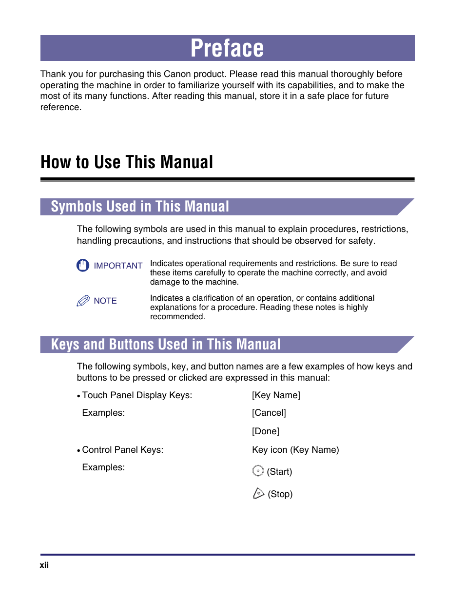 Preface, How to use this manual, Symbols used in this manual | Keys and buttons used in this manual | Canon IMAGE RUNNER 5075 User Manual | Page 14 / 250