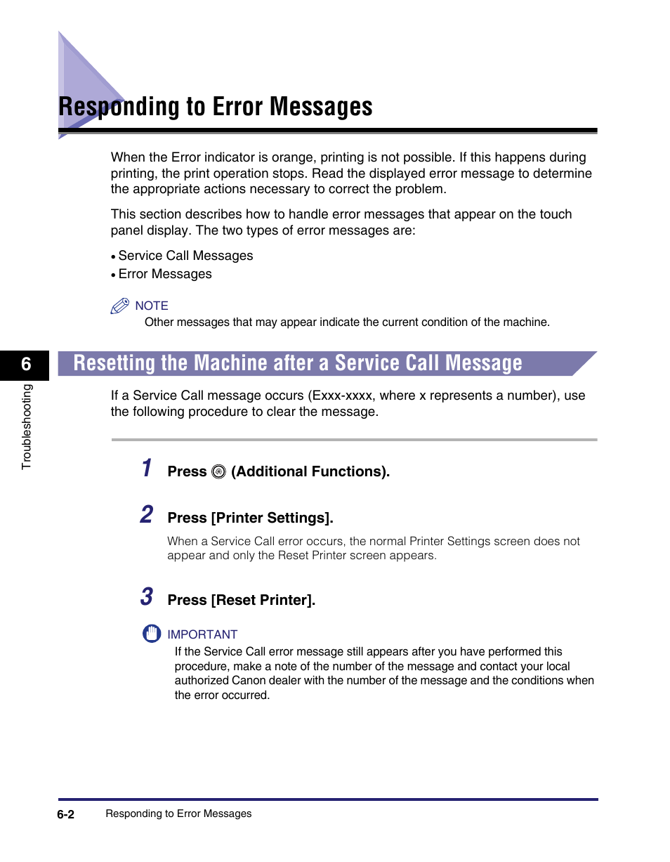 Responding to error messages, Resetting the machine after a service call message, Responding to error messages -2 | Canon IMAGE RUNNER 5075 User Manual | Page 170 / 250