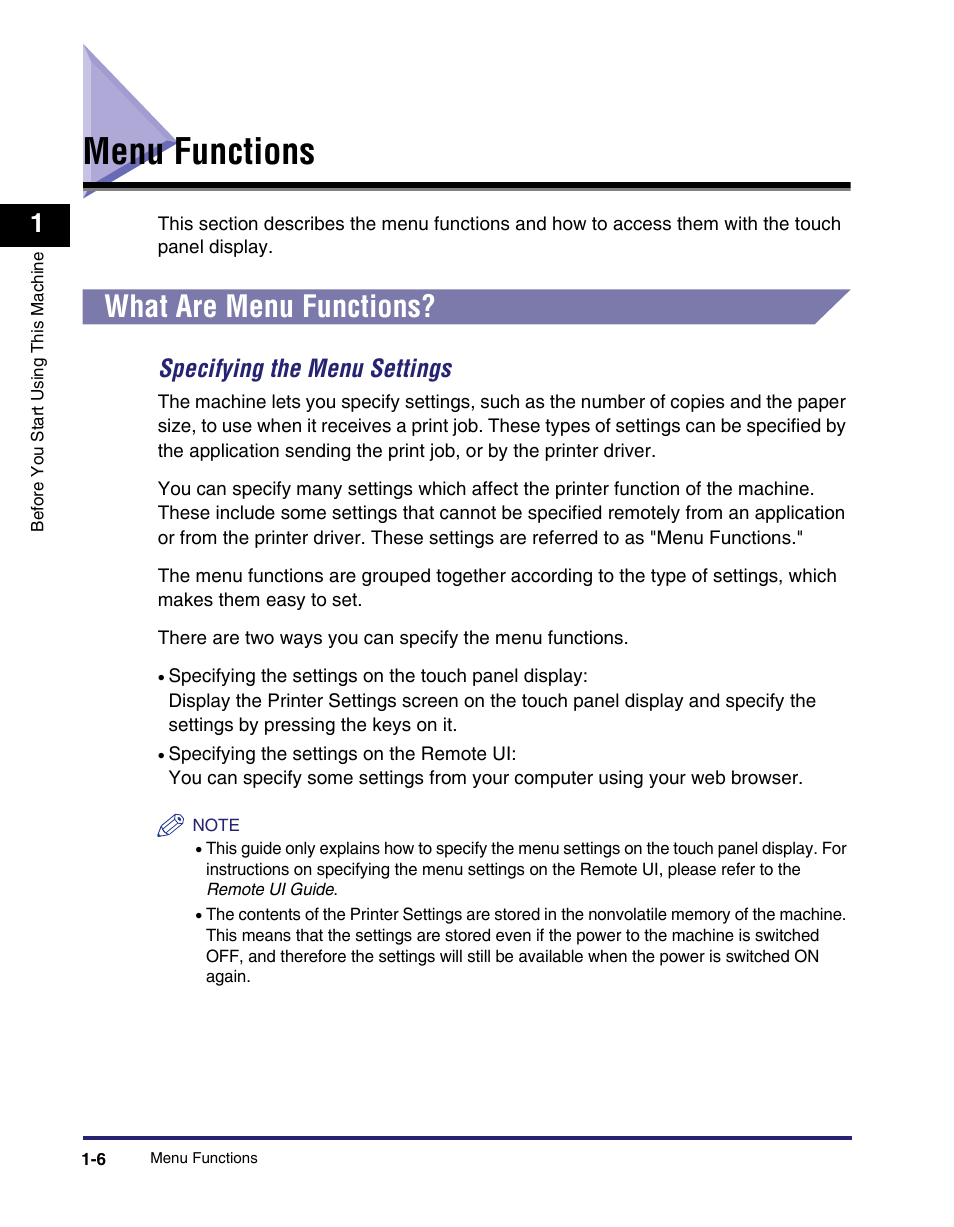 Menu functions, What are menu functions, Menu functions -6 | What are menu functions? -6, Specifying the menu settings -6, Menu functions" on, As "menu functions" on the t, Specifying the menu settings | Canon IMAGE RUNNER 5075 User Manual | Page 24 / 250