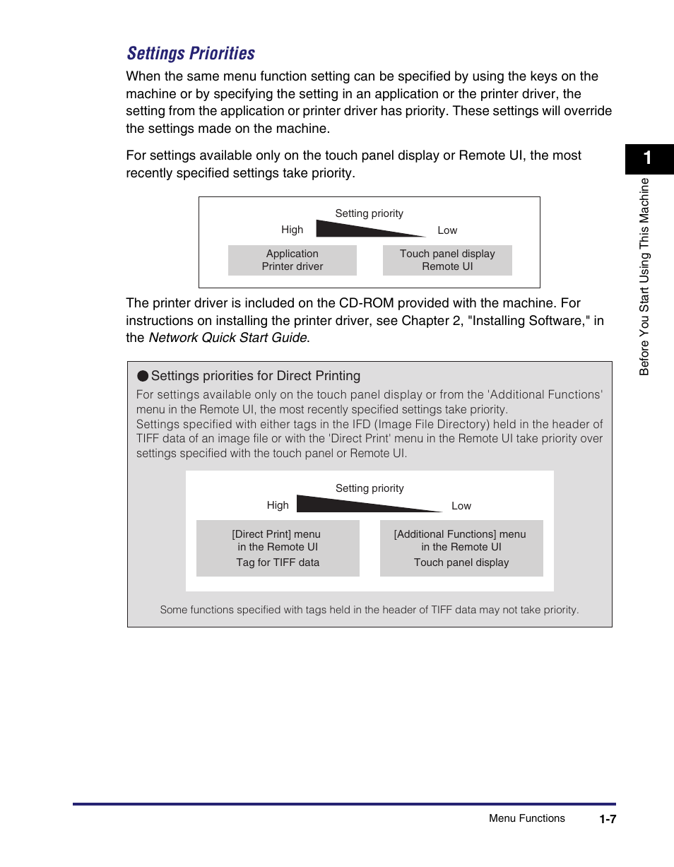 Settings priorities -7, Settings priorities | Canon IMAGE RUNNER 5075 User Manual | Page 25 / 250