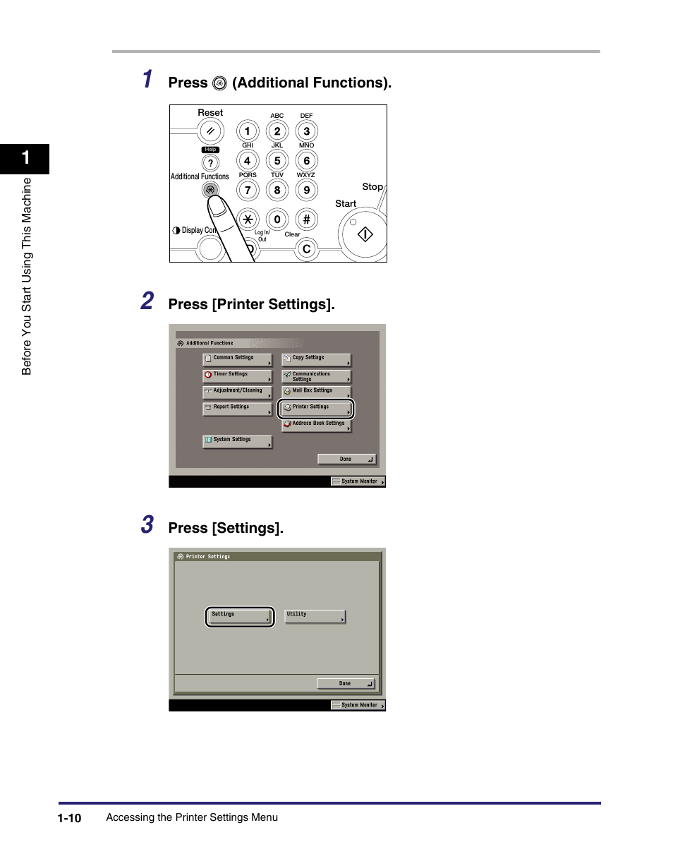 Press (additional functions), Press [printer settings, Press [settings | Canon IMAGE RUNNER 5075 User Manual | Page 28 / 250