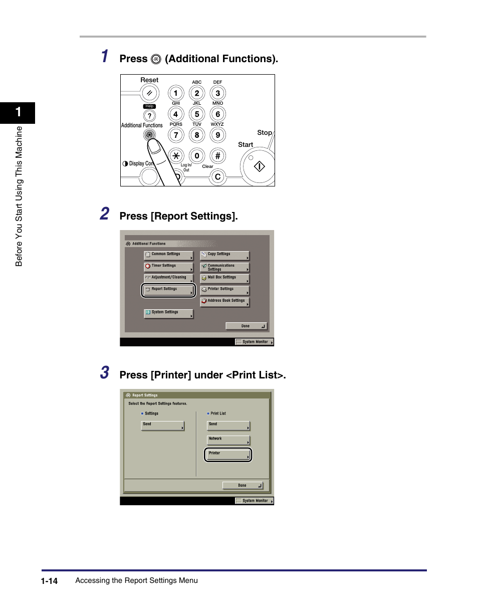 Press (additional functions), Press [report settings, Press [printer] under <print list | Canon IMAGE RUNNER 5075 User Manual | Page 32 / 250