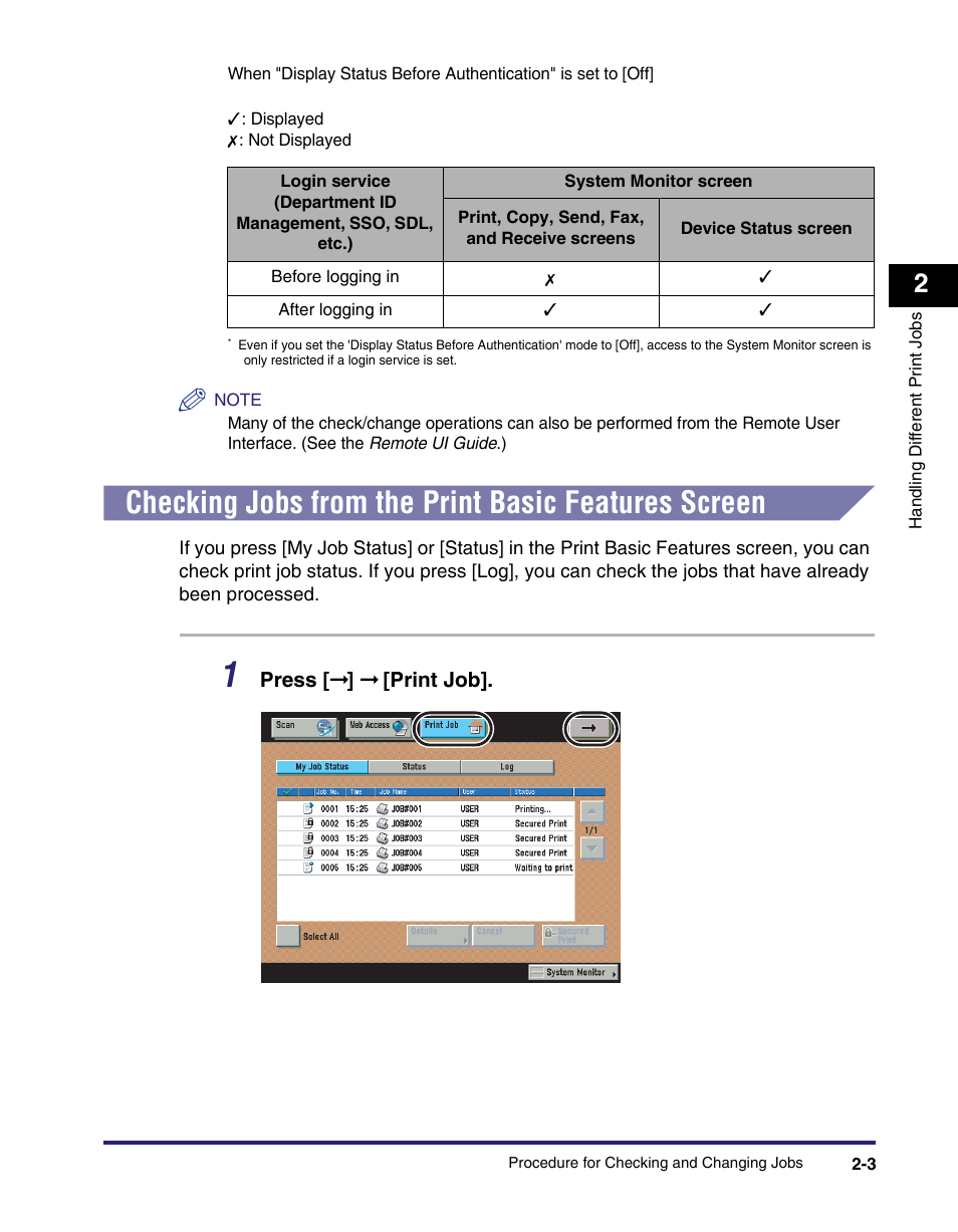 Checking jobs from the print basic features screen | Canon IMAGE RUNNER 5075 User Manual | Page 37 / 250