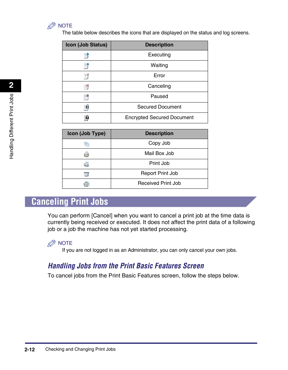 Canceling print jobs, Canceling print jobs -12, Handling jobs from the print basic features screen | Canon IMAGE RUNNER 5075 User Manual | Page 46 / 250