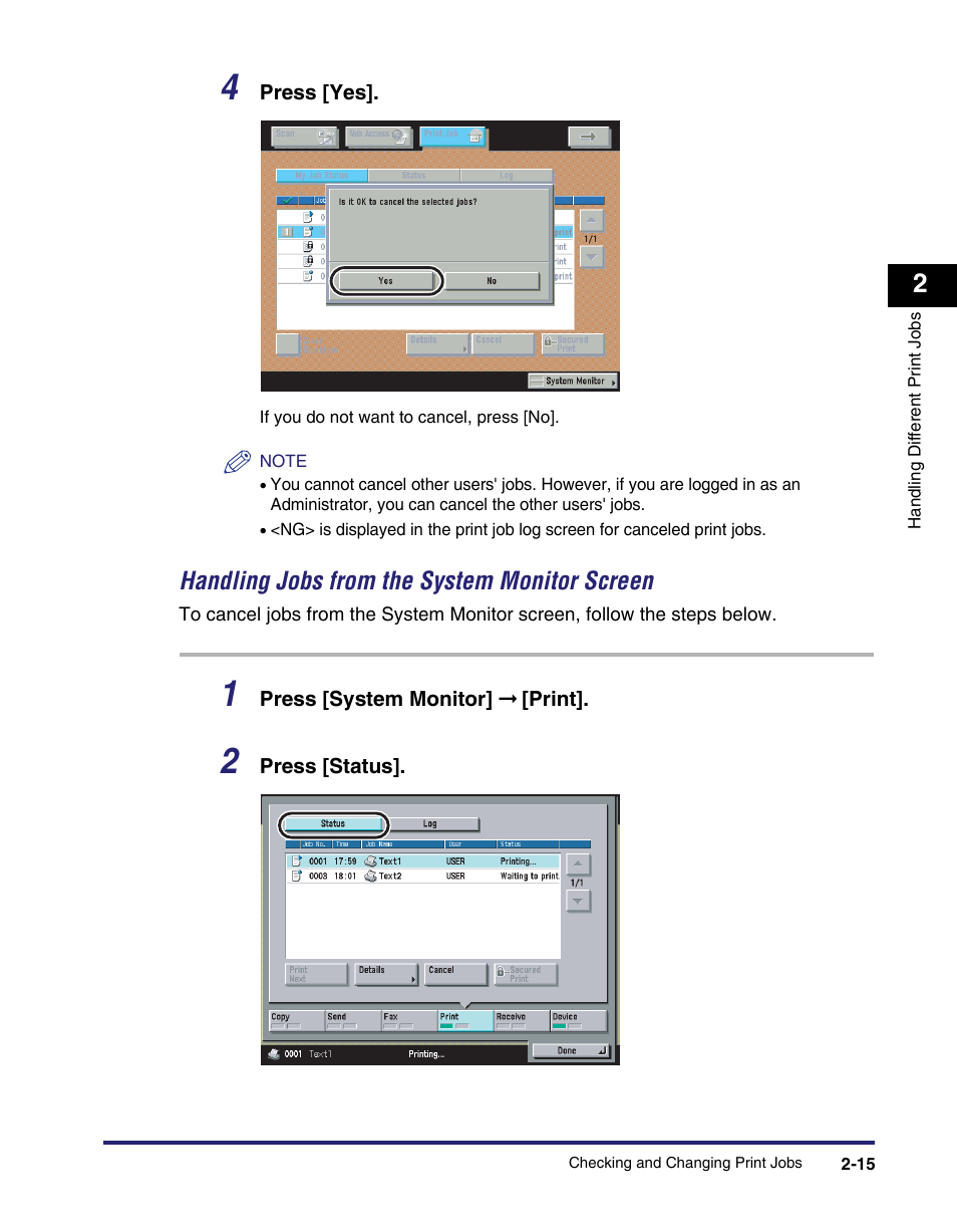Handling jobs from the system monitor screen -15, Handling jobs from the system monitor screen | Canon IMAGE RUNNER 5075 User Manual | Page 49 / 250