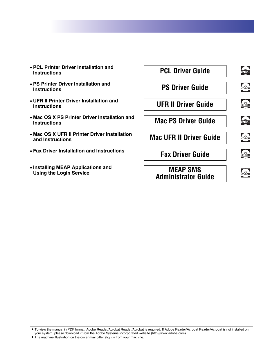 Pcl driver guide, Ps driver guide, Ufr ii driver guide | Mac ps driver guide, Mac ufr ii driver guide, Fax driver guide, Meap sms administrator guide | Canon IMAGE RUNNER 5075 User Manual | Page 5 / 250