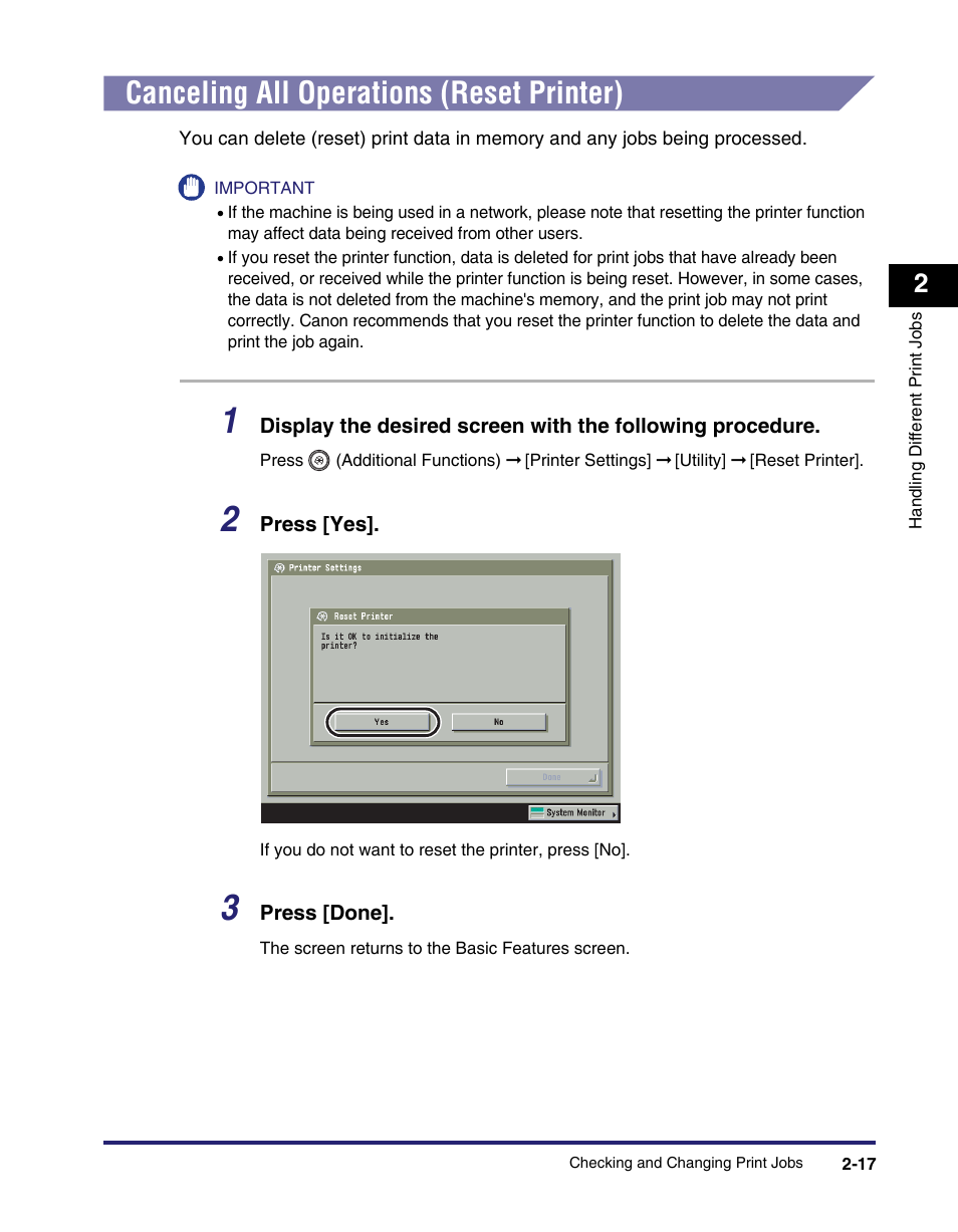 Canceling all operations (reset printer), Canceling all operations (reset printer) -17, P. 2-17 | Canon IMAGE RUNNER 5075 User Manual | Page 51 / 250