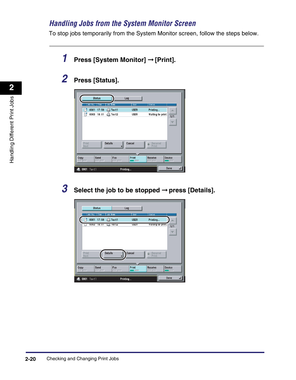 Handling jobs from the system monitor screen -20 | Canon IMAGE RUNNER 5075 User Manual | Page 54 / 250