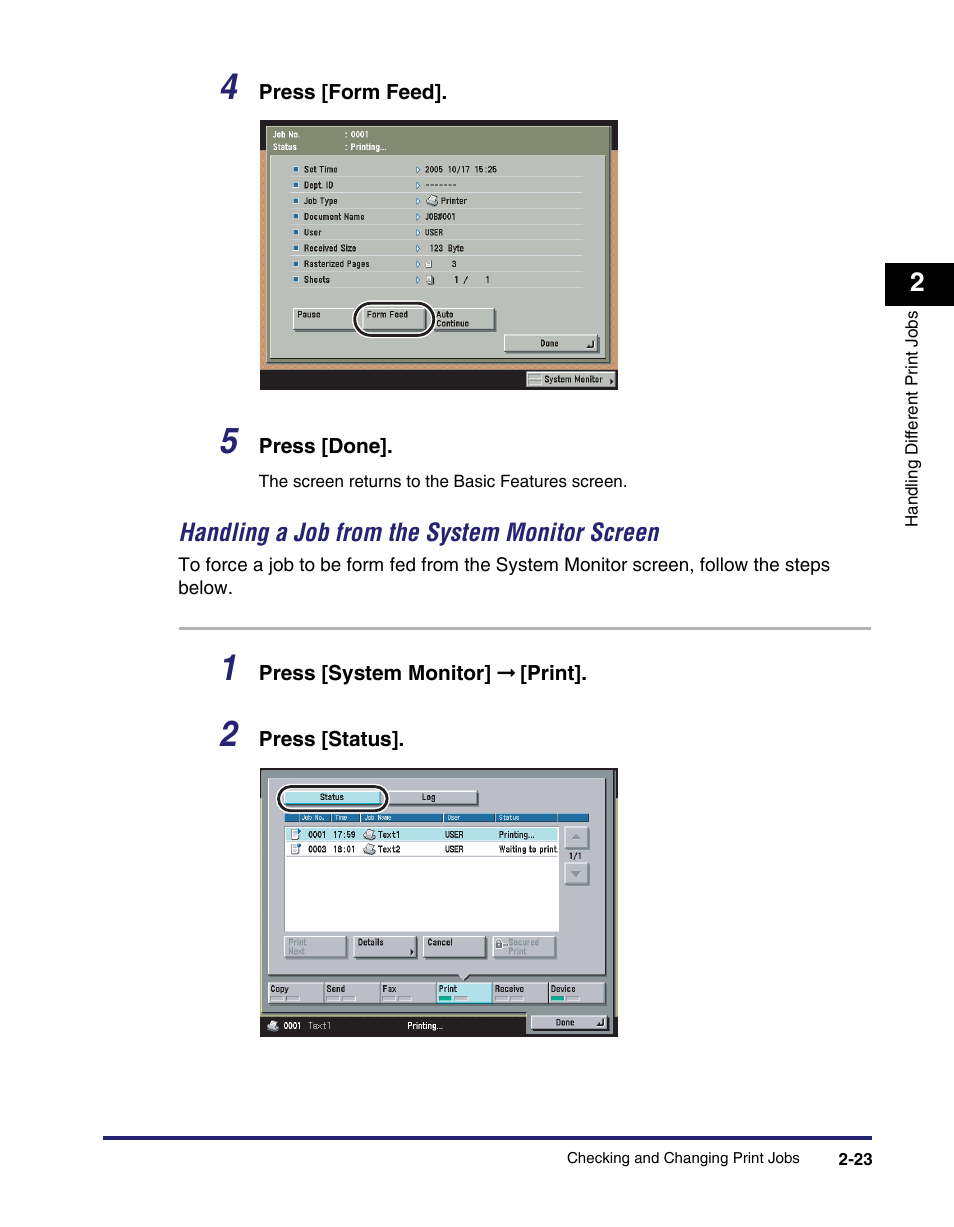 Handling a job from the system monitor screen -23 | Canon IMAGE RUNNER 5075 User Manual | Page 57 / 250