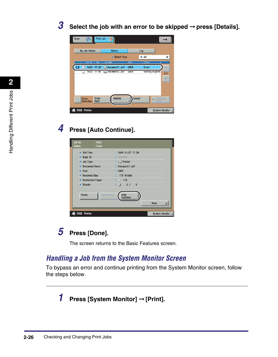 Handling a job from the system monitor screen -26 | Canon IMAGE RUNNER 5075 User Manual | Page 60 / 250