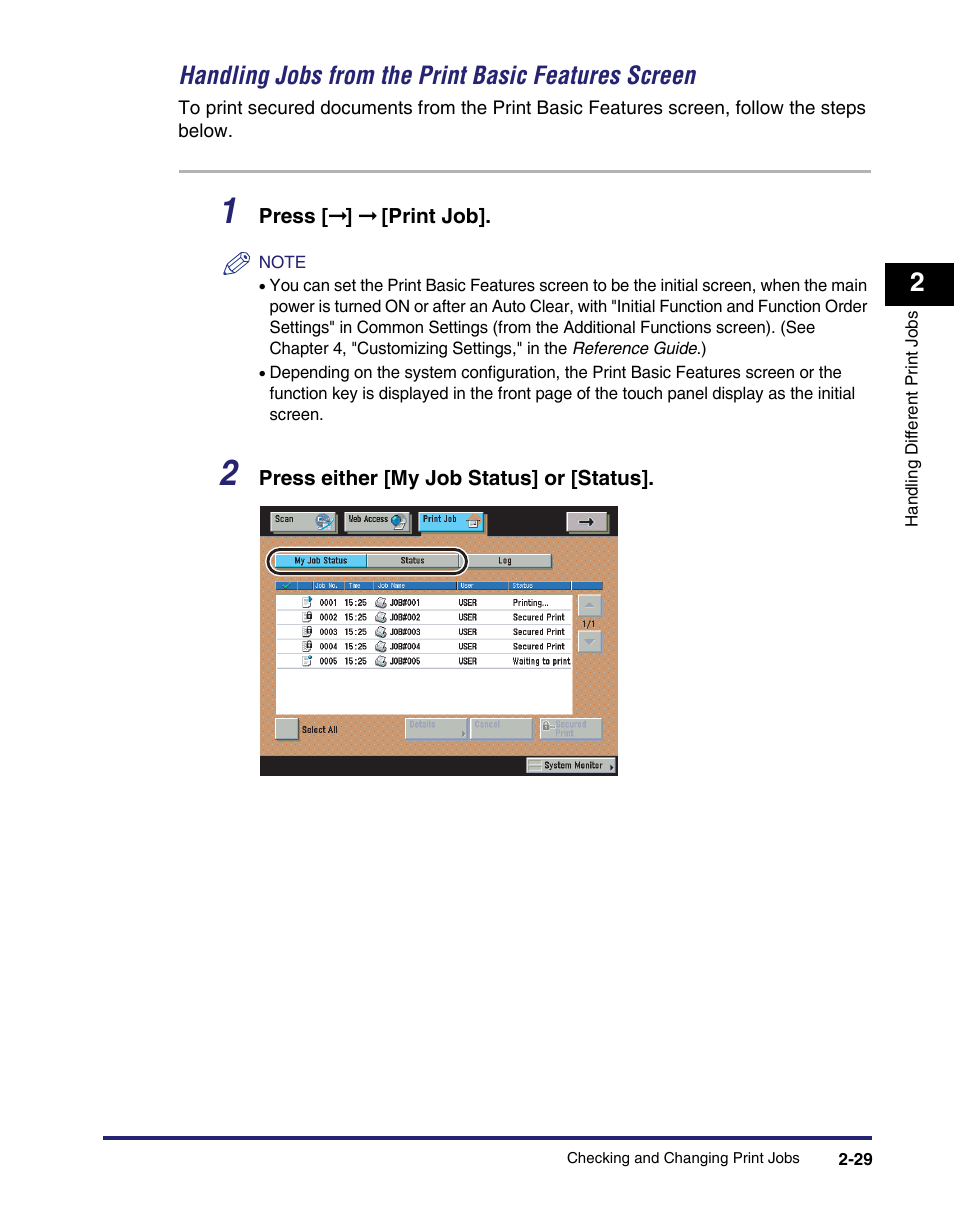 Handling jobs from the print basic features screen | Canon IMAGE RUNNER 5075 User Manual | Page 63 / 250