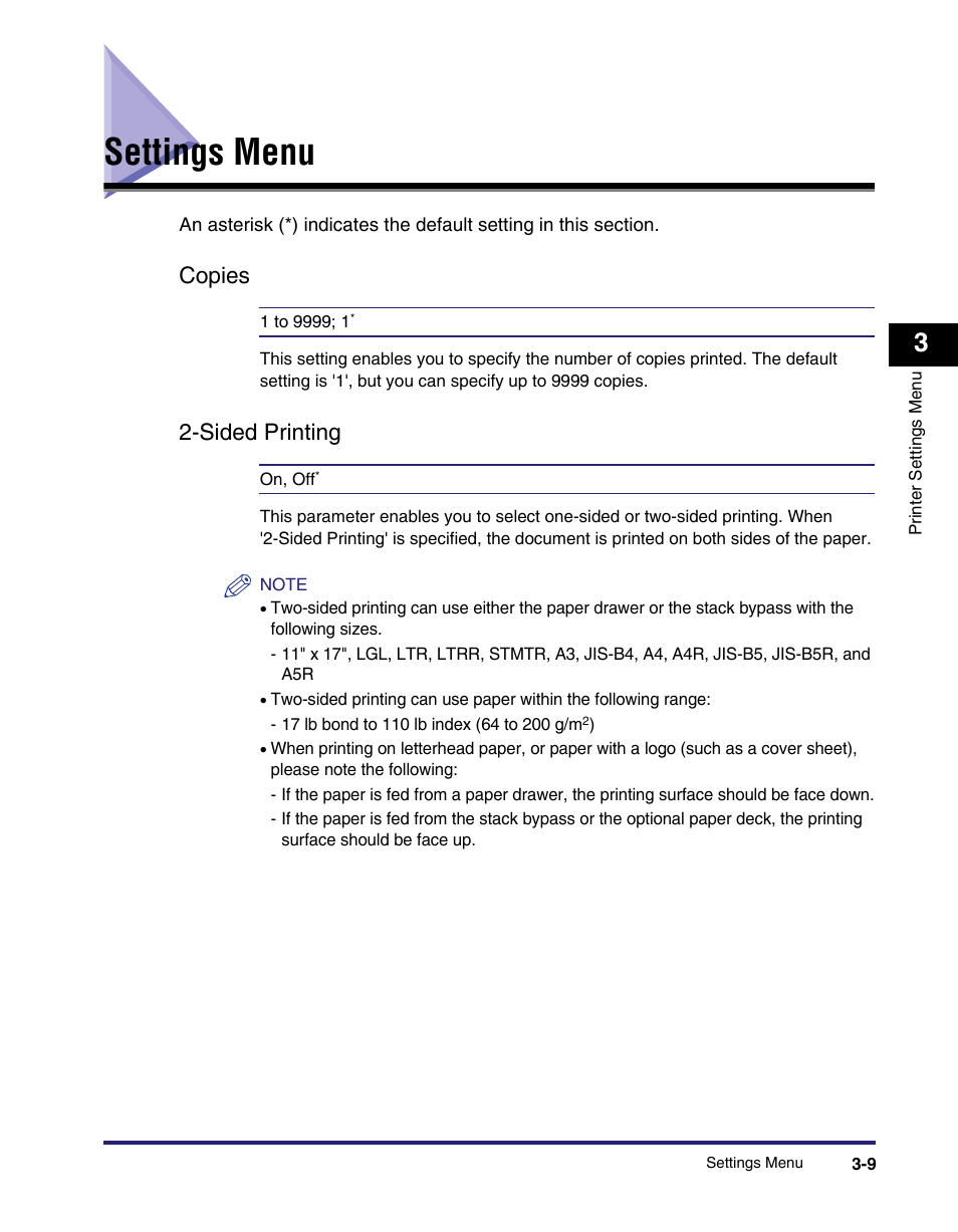 Settings menu, Copies, Sided printing | Settings menu -9, Copies -9 2-sided printing -9, Settings menu" and | Canon IMAGE RUNNER 5075 User Manual | Page 77 / 250