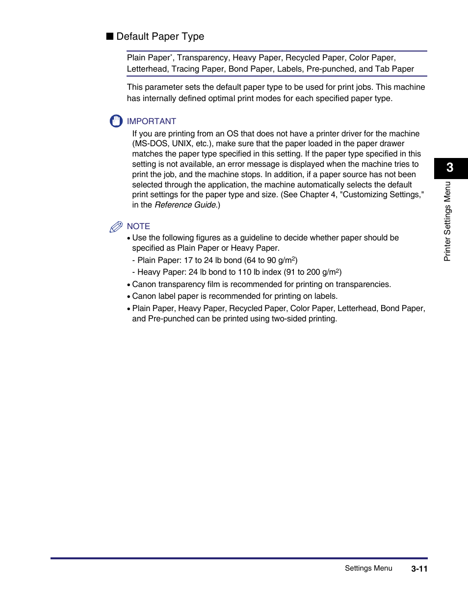 Default paper type -11, Qdefault paper type | Canon IMAGE RUNNER 5075 User Manual | Page 79 / 250