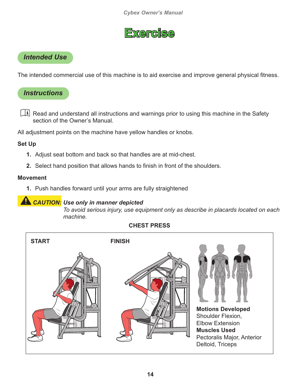 Exercise, Intended use, Instructions | Cybex 12001 VR3 Chest Press User Manual | Page 14 / 26