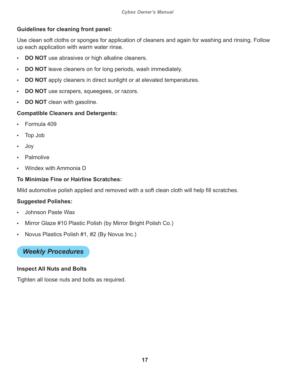 Weekly procedures | Cybex 12001 VR3 Chest Press User Manual | Page 17 / 26