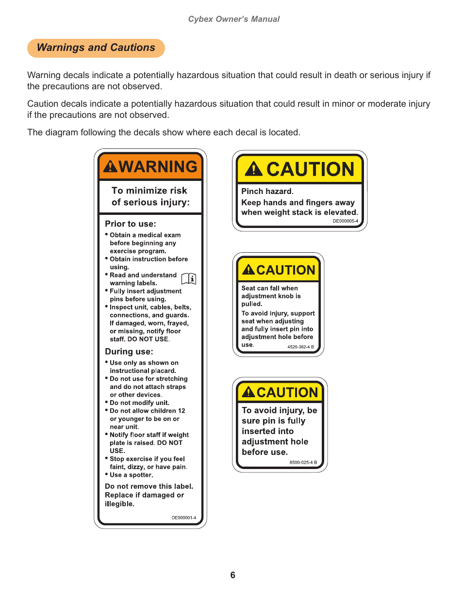 Warnings and cautions, Cybex owner’s manual, Owatonna | Cybex 12001 VR3 Chest Press User Manual | Page 6 / 26