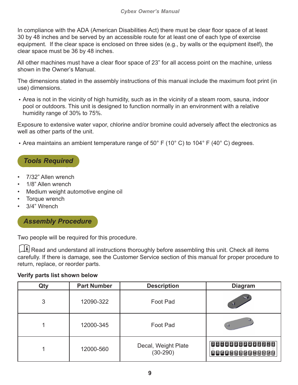 Tools required, Assembly procedure, Cybex owner’s manual | Cybex 12001 VR3 Chest Press User Manual | Page 9 / 26