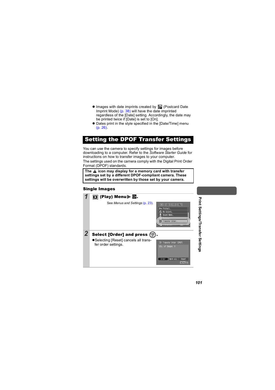 Setting the dpof transfer settings, P. 101 | Canon 850 IS User Manual | Page 103 / 146
