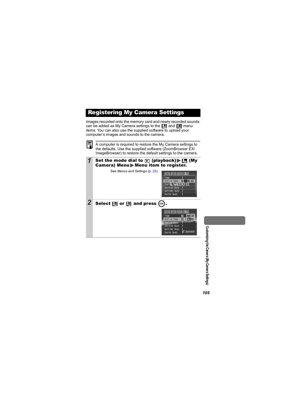 Registering my camera settings, P. 105) | Canon 850 IS User Manual | Page 107 / 146