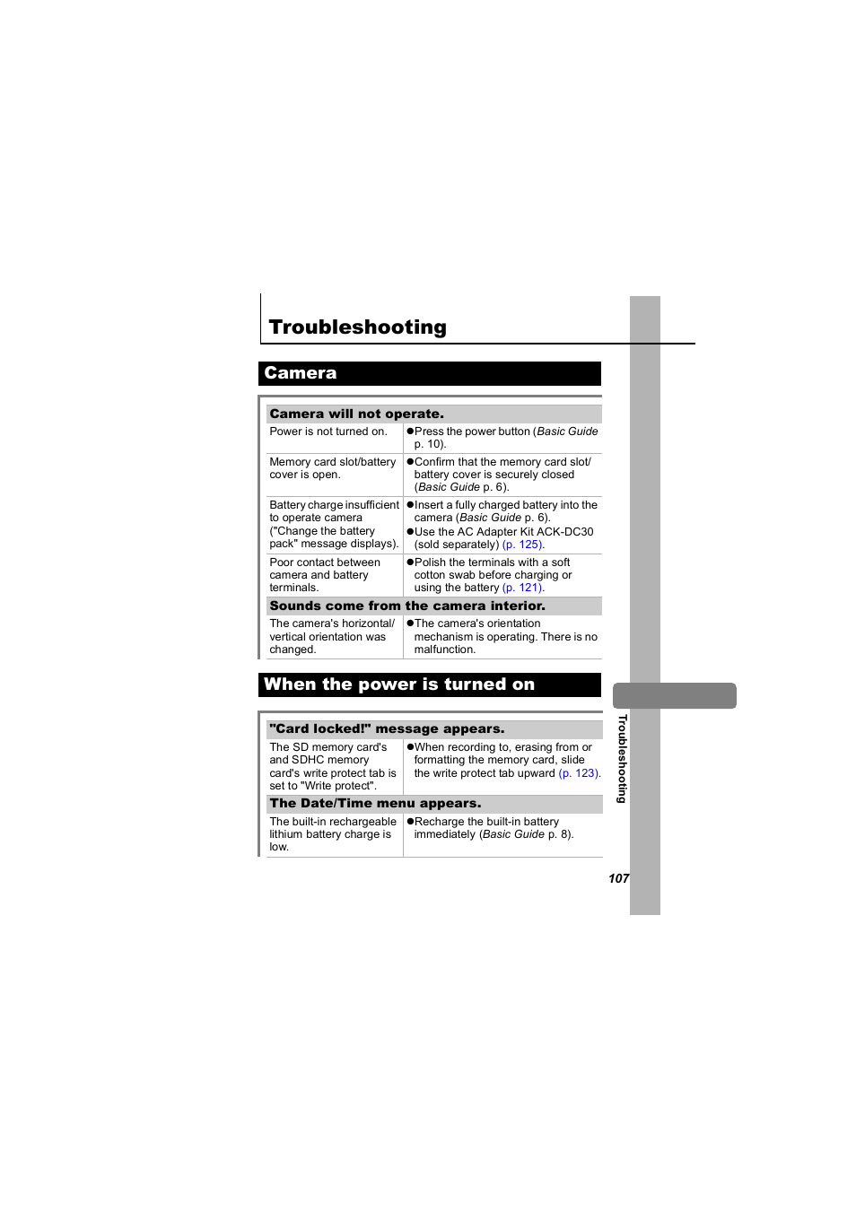 Troubleshooting, Camera, When the power is turned on | Camera when the power is turned on | Canon 850 IS User Manual | Page 109 / 146