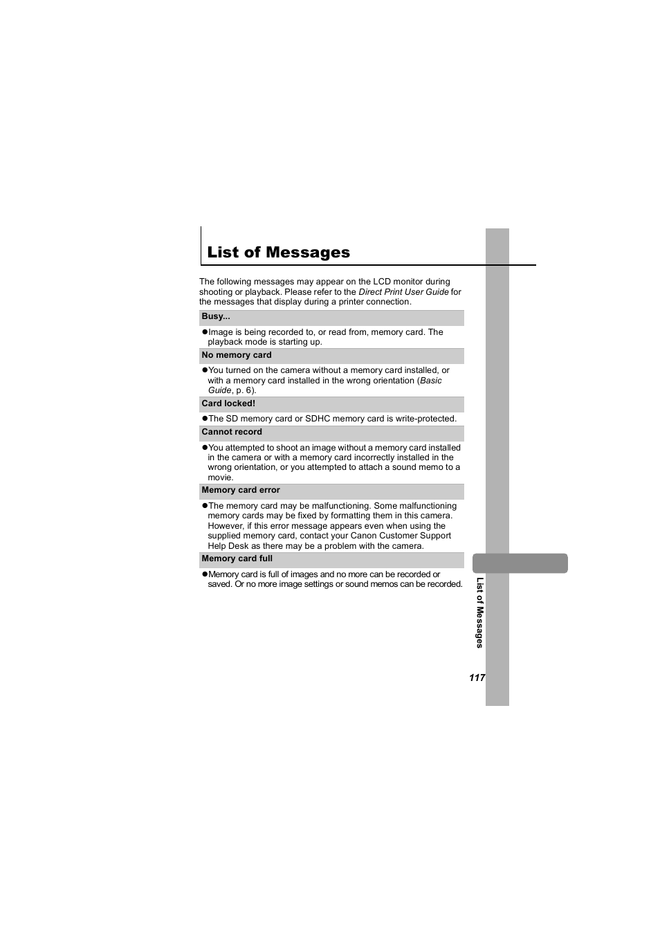 List of messages | Canon 850 IS User Manual | Page 119 / 146