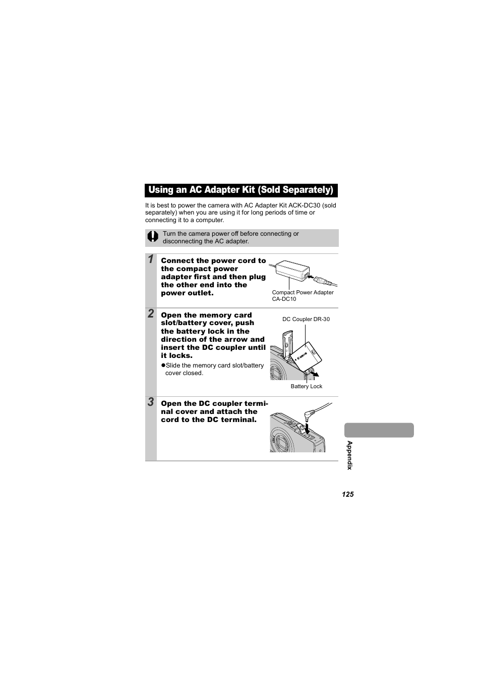 Using an ac adapter kit (sold separately), P. 125) | Canon 850 IS User Manual | Page 127 / 146