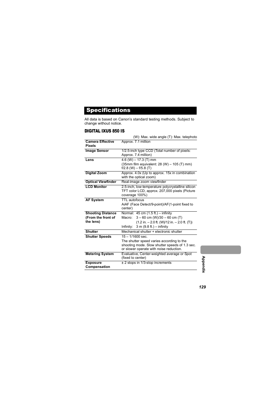 Specifications, P. 129) | Canon 850 IS User Manual | Page 131 / 146
