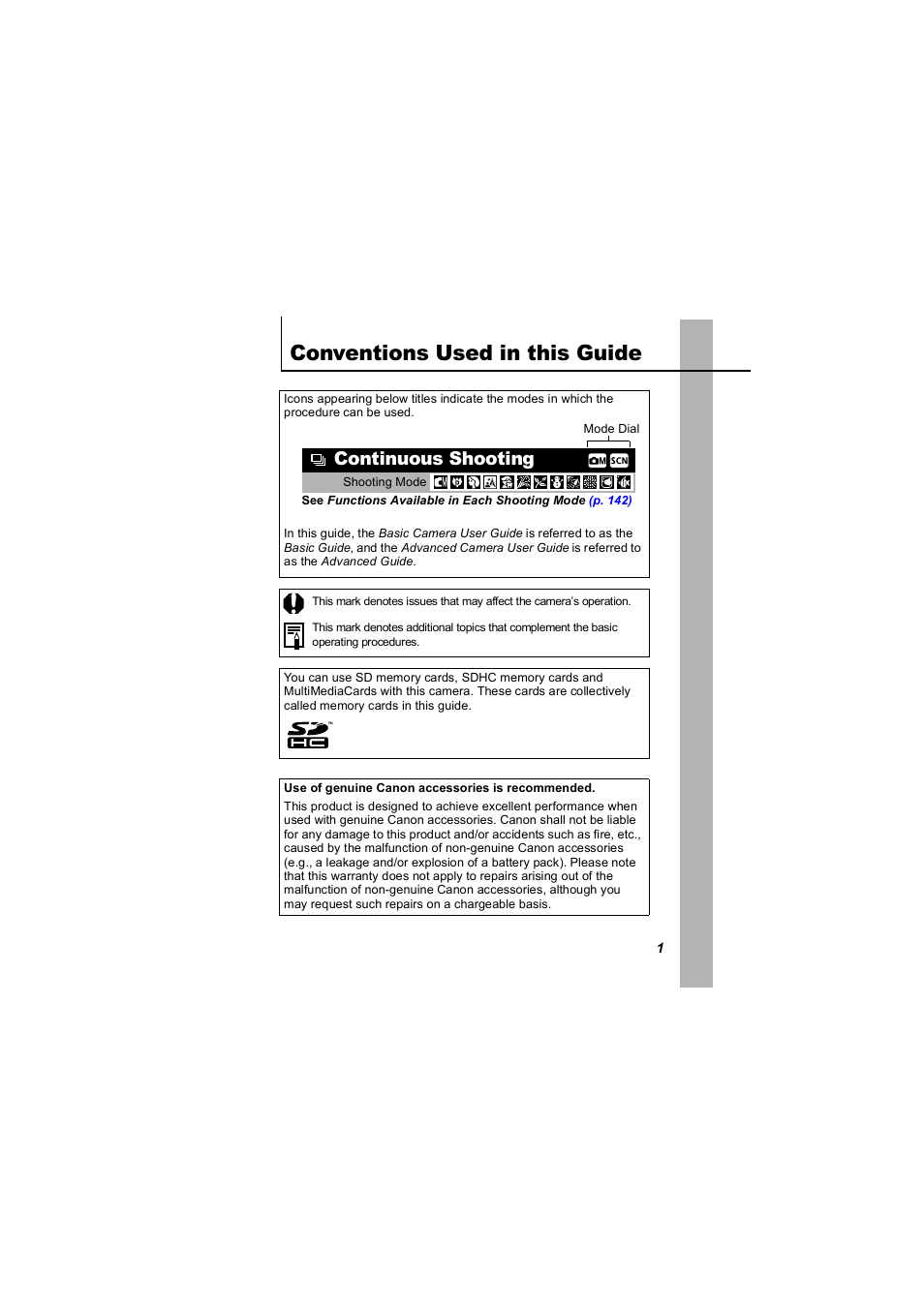 Conventions used in this guide, Continuous shooting | Canon 850 IS User Manual | Page 3 / 146