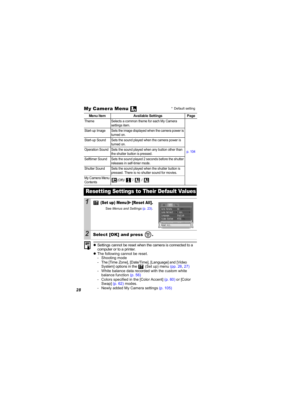 Resetting settings to their default values, P. 28 | Canon 850 IS User Manual | Page 30 / 146