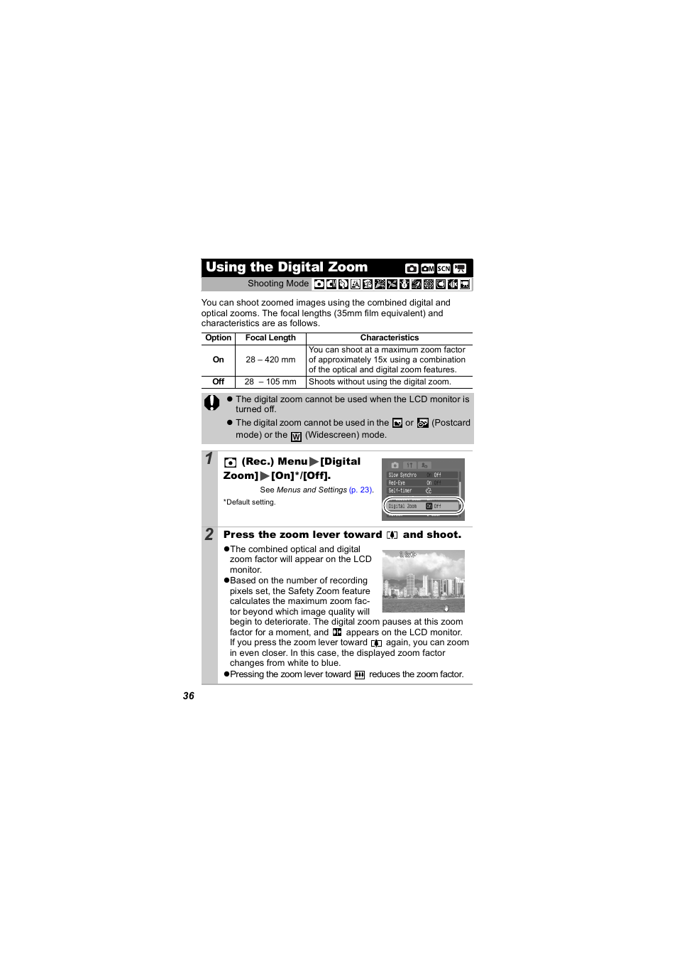 Using the digital zoom, P. 36), P. 36 | Canon 850 IS User Manual | Page 38 / 146