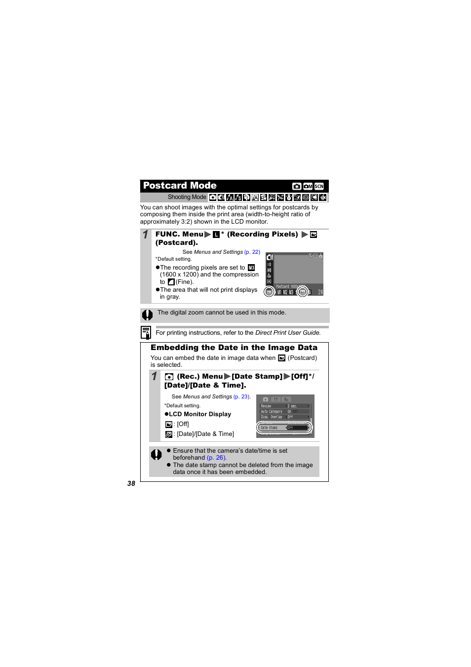 Postcard mode, Embedding the date in the image data, P. 38 | P. 38) | Canon 850 IS User Manual | Page 40 / 146