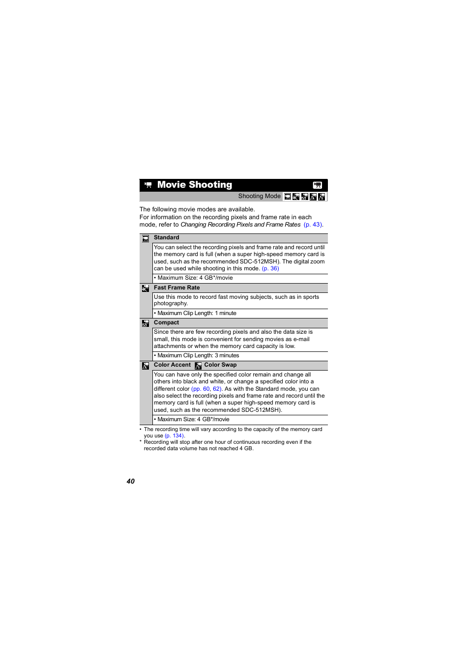 Movie shooting, P. 40), P. 40 | Canon 850 IS User Manual | Page 42 / 146