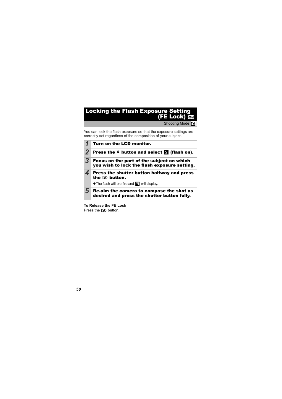 Locking the flash exposure setting (fe lock), P. 50) | Canon 850 IS User Manual | Page 52 / 146