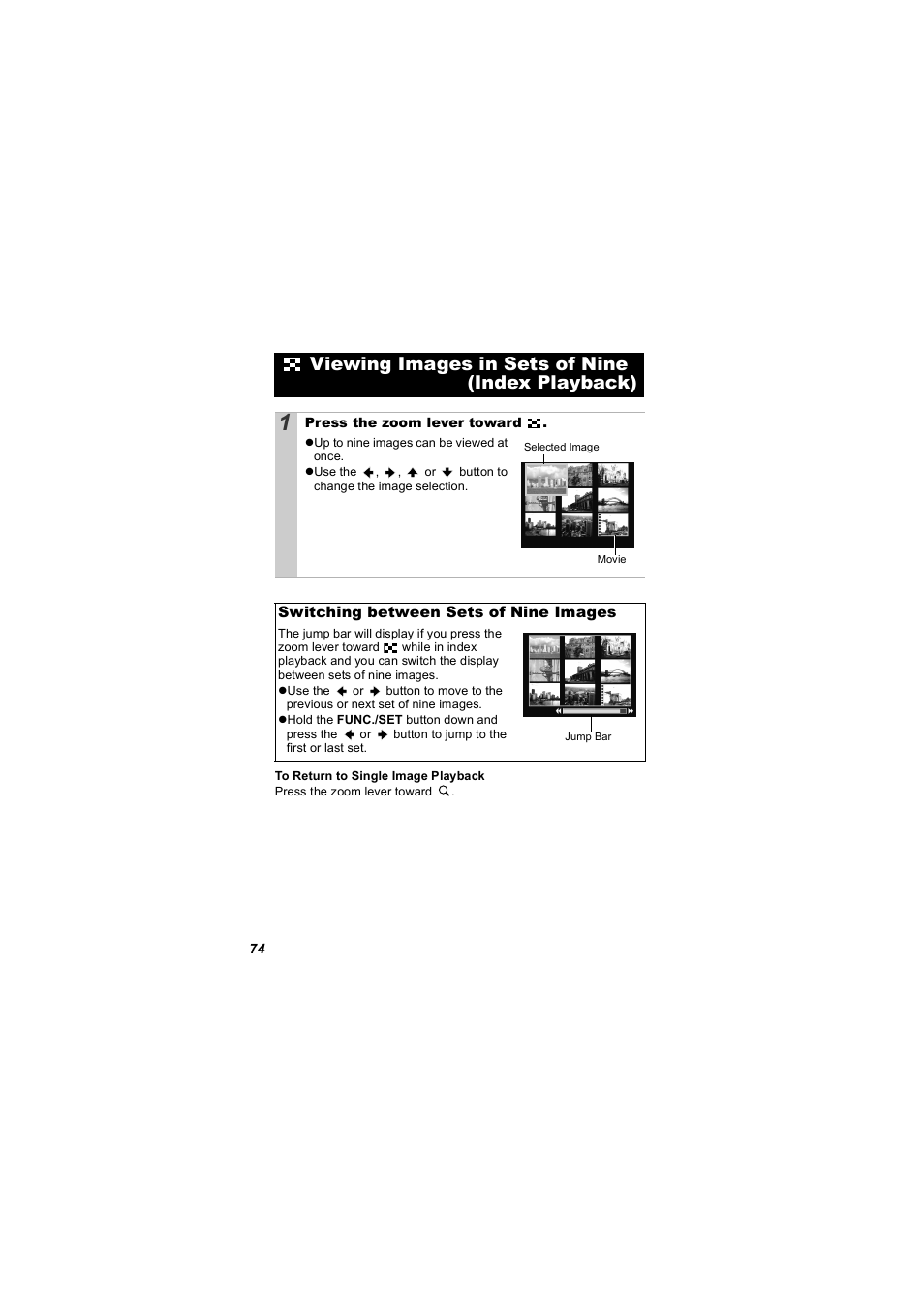 Viewing images in sets of nine (index playback), P. 74) | Canon 850 IS User Manual | Page 76 / 146