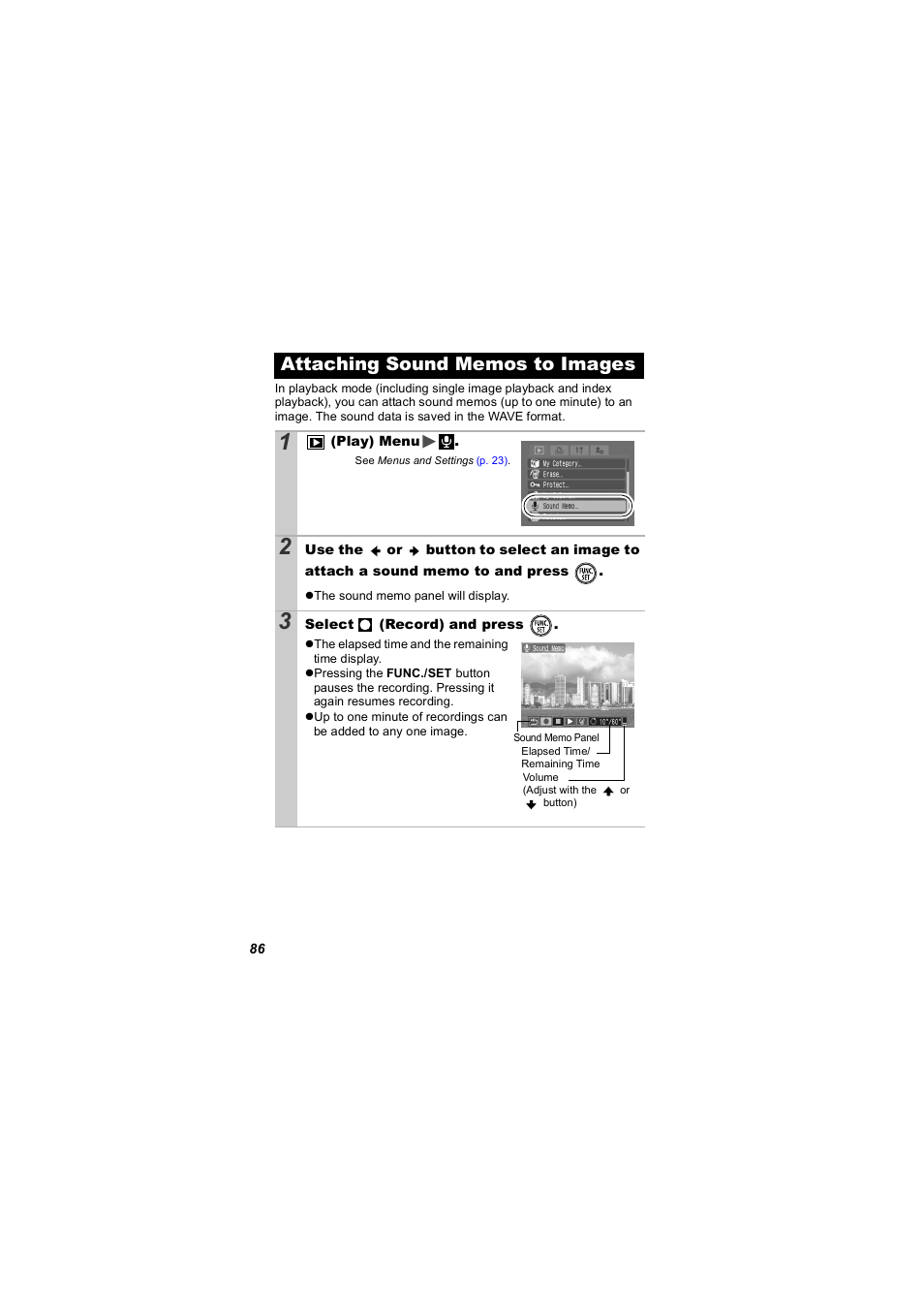 Attaching sound memos to images, P. 86), P. 86 | Canon 850 IS User Manual | Page 88 / 146