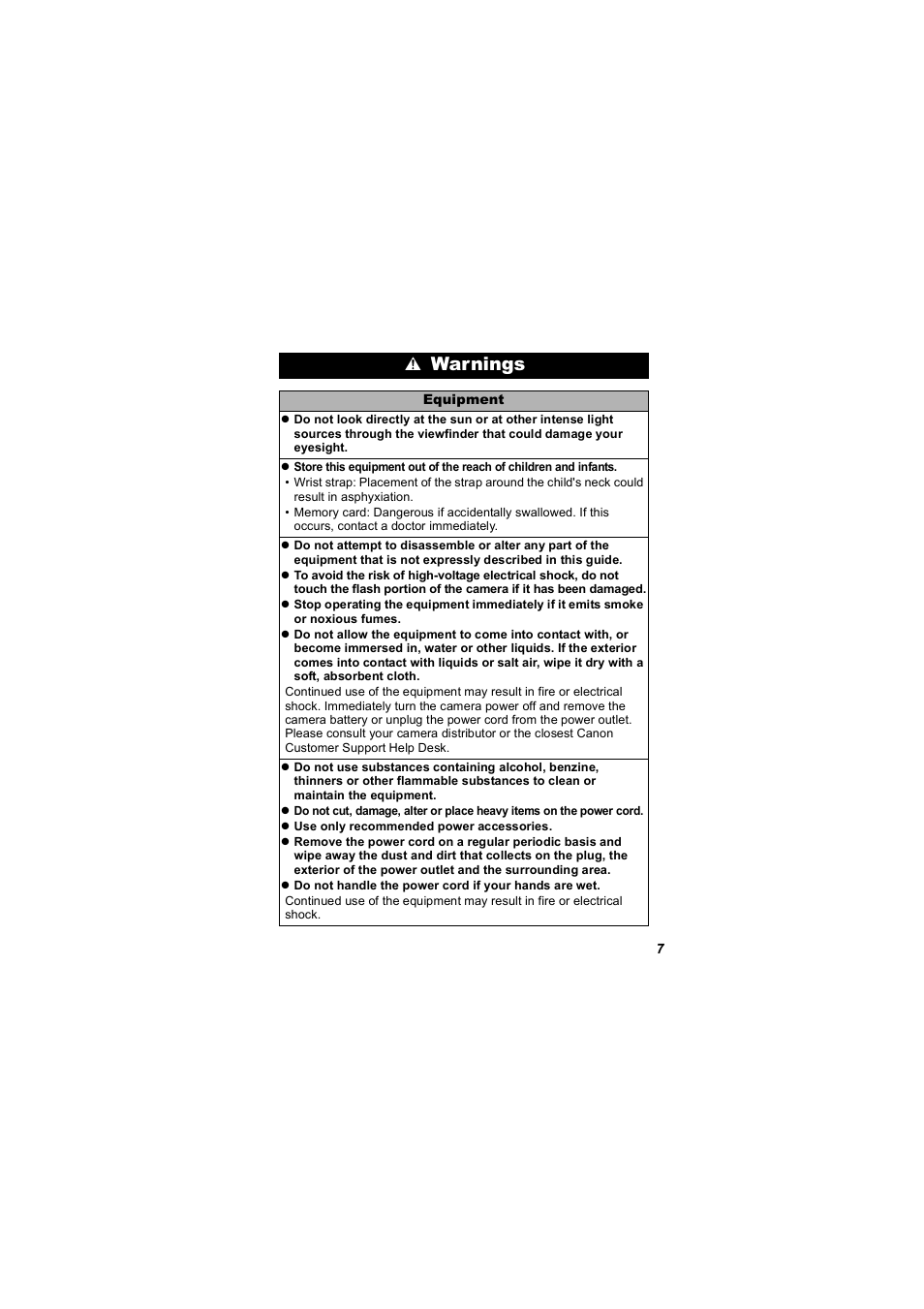 Warnings | Canon 850 IS User Manual | Page 9 / 146