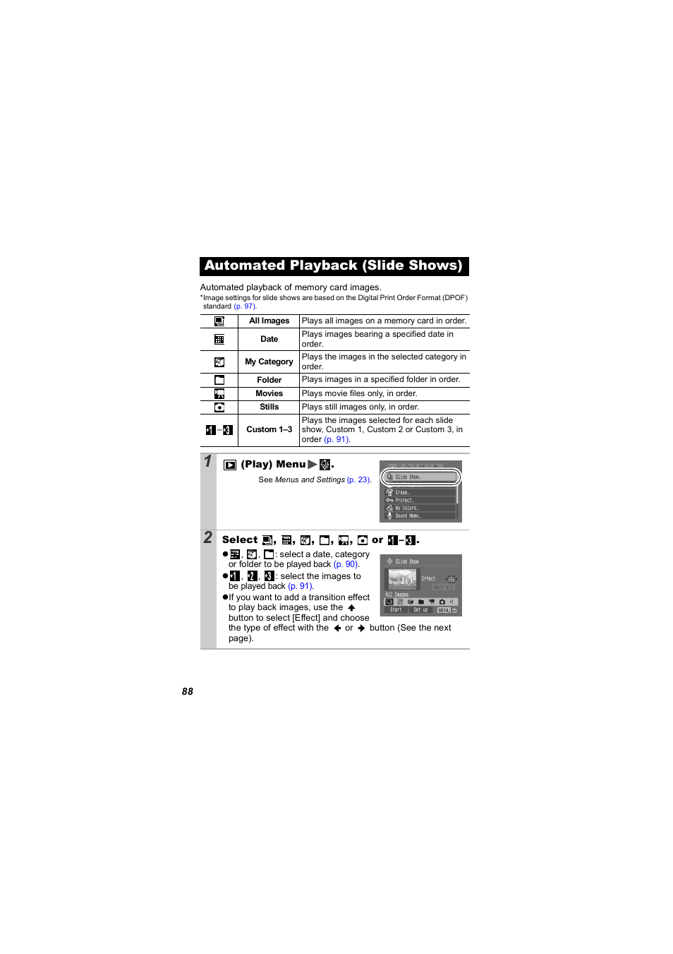 Automated playback (slide shows), P. 88, P. 88) | Canon 850 IS User Manual | Page 90 / 146