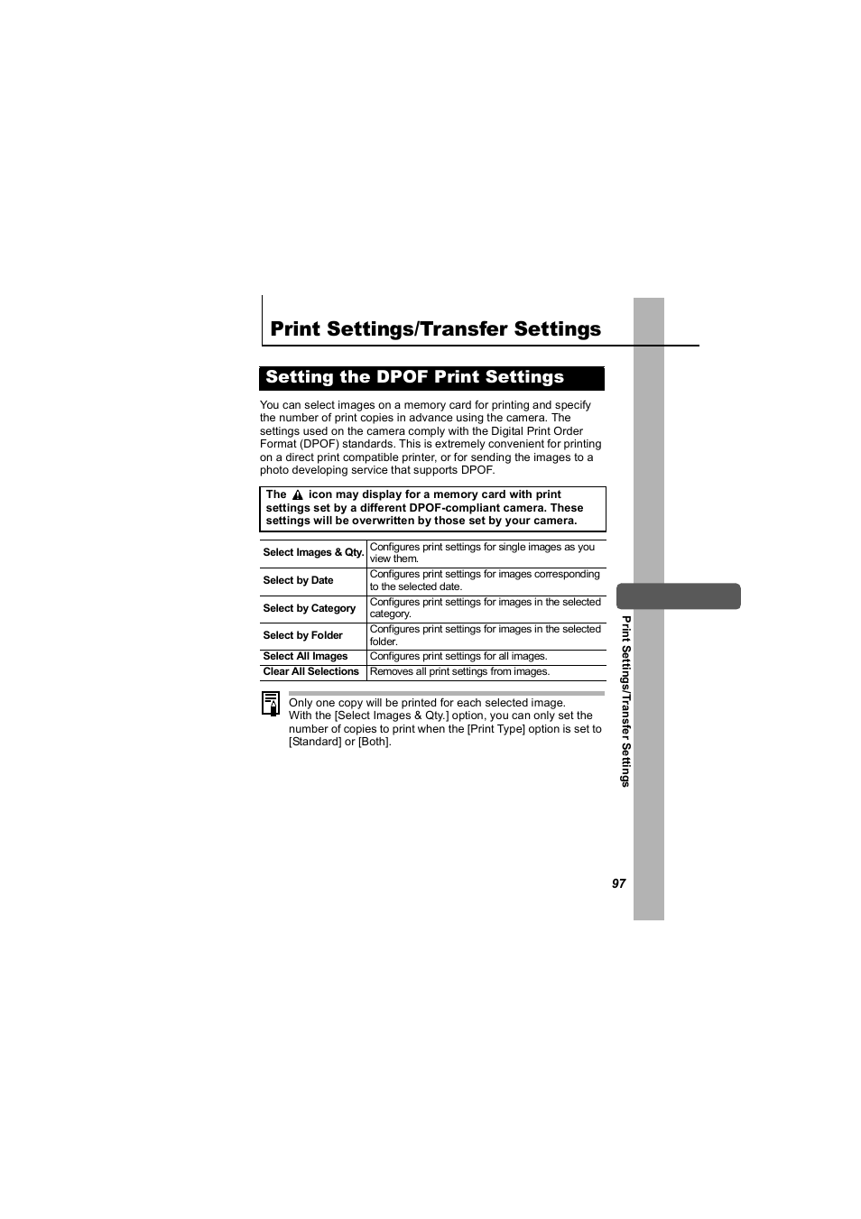 Print settings/transfer settings, Setting the dpof print settings, P. 97 | P. 97) | Canon 850 IS User Manual | Page 99 / 146