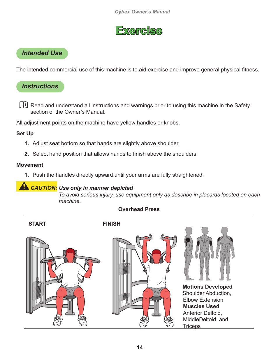 Exercise, Intended use, Instructions | Cybex 12010 VR3 Overhead Press User Manual | Page 14 / 26