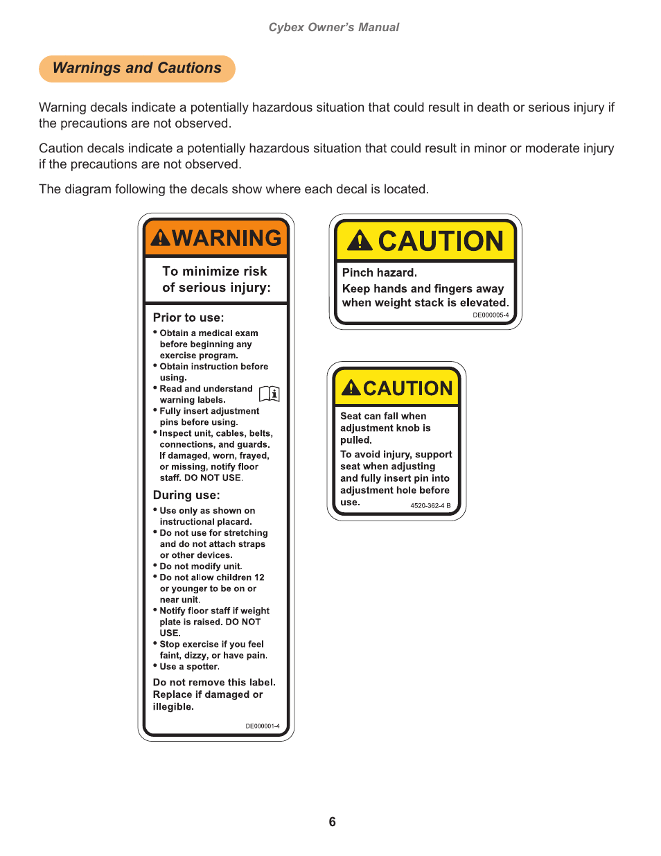 Warnings and cautions, Cybex owner’s manual, Owatonna | Cybex 12010 VR3 Overhead Press User Manual | Page 6 / 26