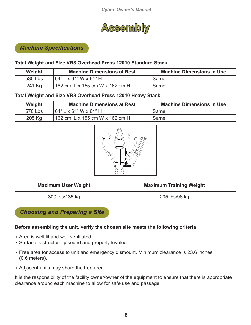 Assembly, Machine specifications, Choosing and preparing a site | Cybex 12010 VR3 Overhead Press User Manual | Page 8 / 26