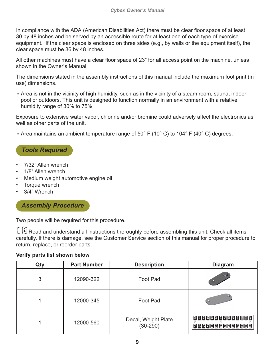 Tools required, Assembly procedure, Cybex owner’s manual | Cybex 12010 VR3 Overhead Press User Manual | Page 9 / 26