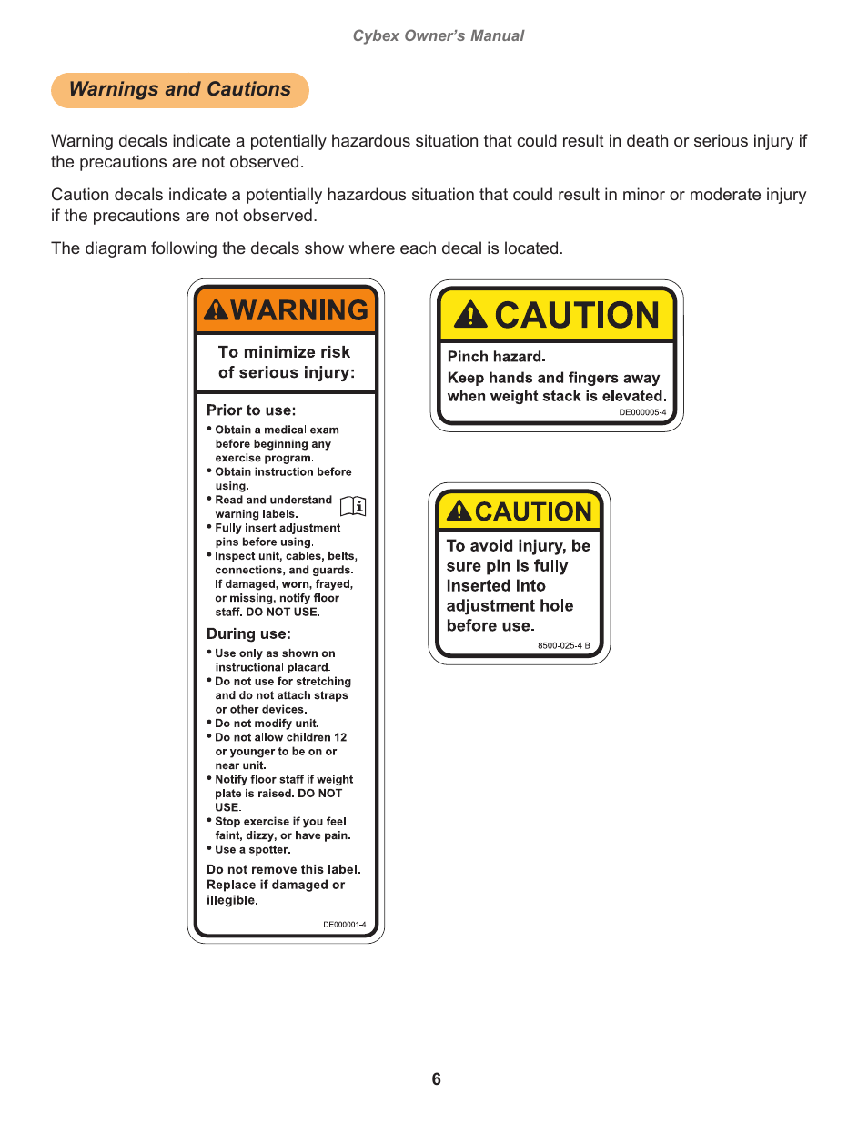 Warnings and cautions, Cybex owner’s manual, Owatonna | Cybex 12030 VR3 Row User Manual | Page 6 / 26