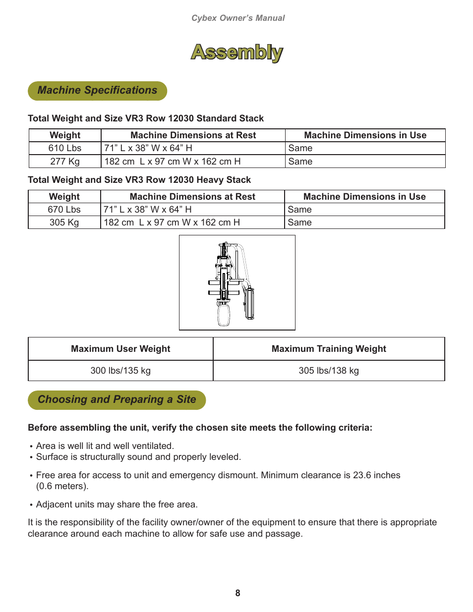 Assembly, Machine specifications, Choosing and preparing a site | Cybex 12030 VR3 Row User Manual | Page 8 / 26