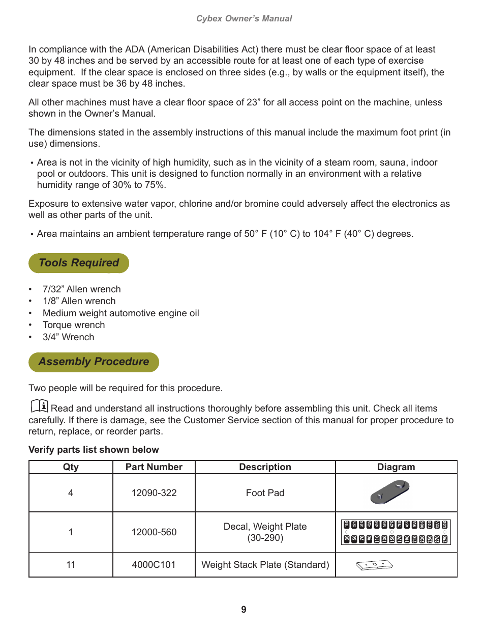 Tools required, Assembly procedure, Cybex owner’s manual | Cybex 12030 VR3 Row User Manual | Page 9 / 26