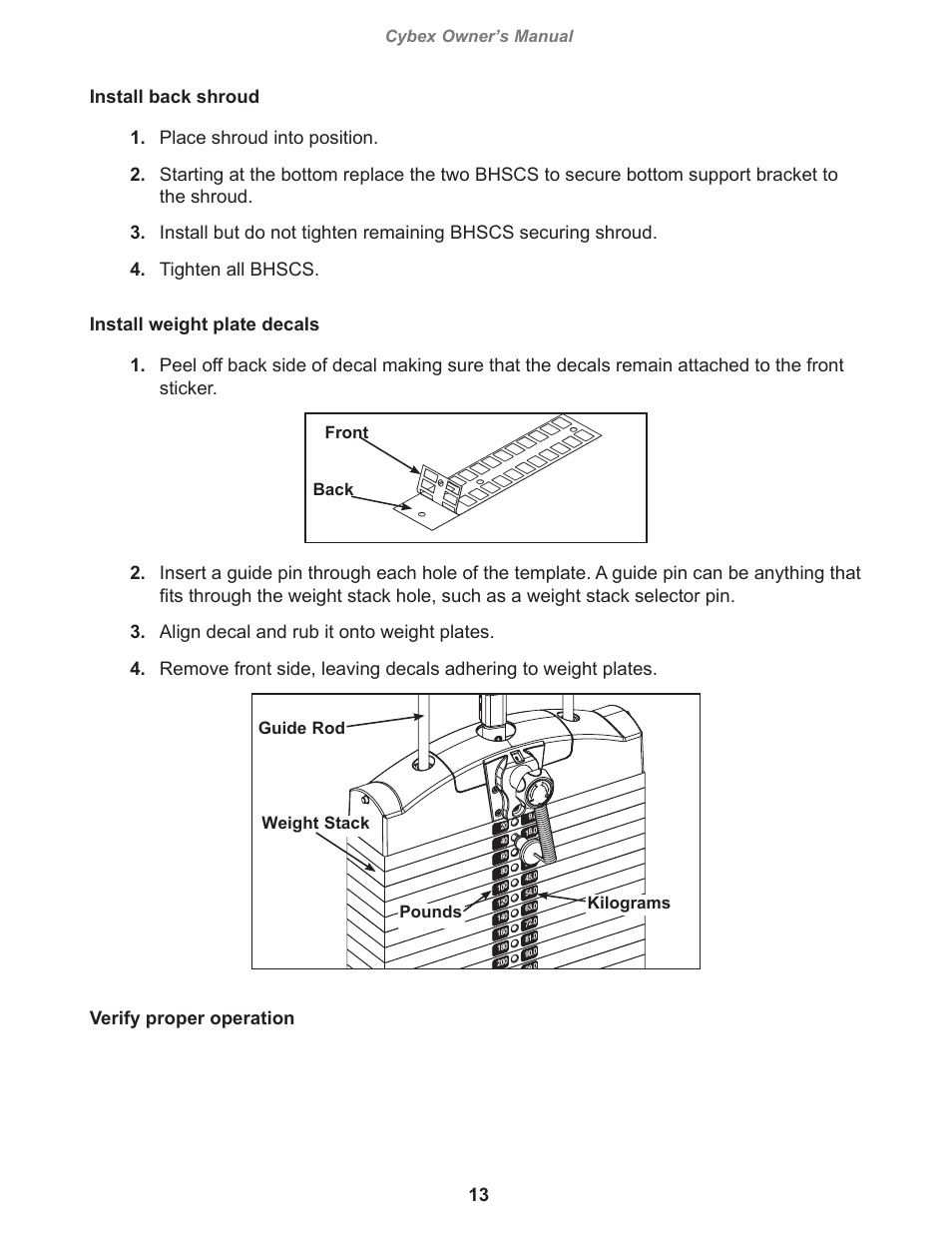 Verify proper operation, Cybex owner’s manual, Front back | Guide rod weight stack pounds kilograms | Cybex 12040 VR3 Leg Press User Manual | Page 13 / 26