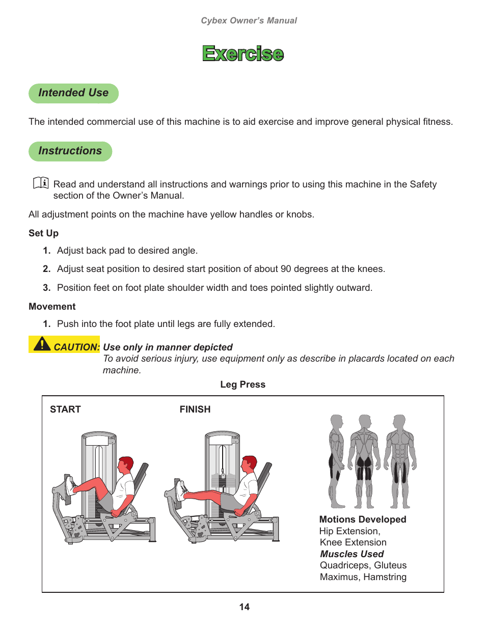 Exercise, Intended use, Instructions | Cybex 12040 VR3 Leg Press User Manual | Page 14 / 26