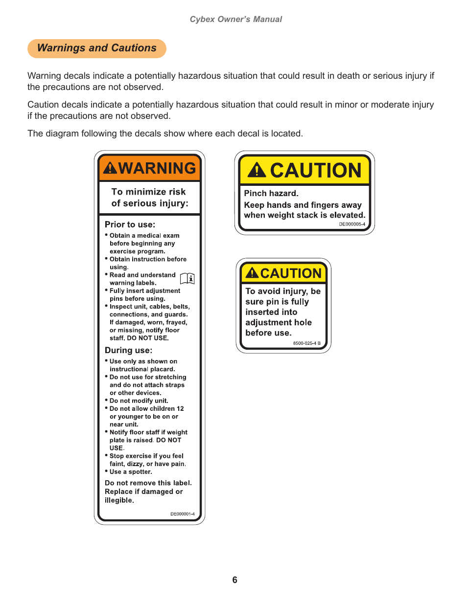 Warnings and cautions, Cybex owner’s manual, Owatonna | Cybex 12040 VR3 Leg Press User Manual | Page 6 / 26