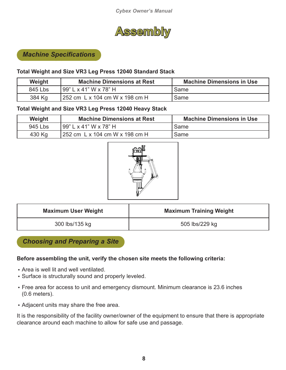 Assembly, Machine specifications, Choosing and preparing a site | Cybex 12040 VR3 Leg Press User Manual | Page 8 / 26