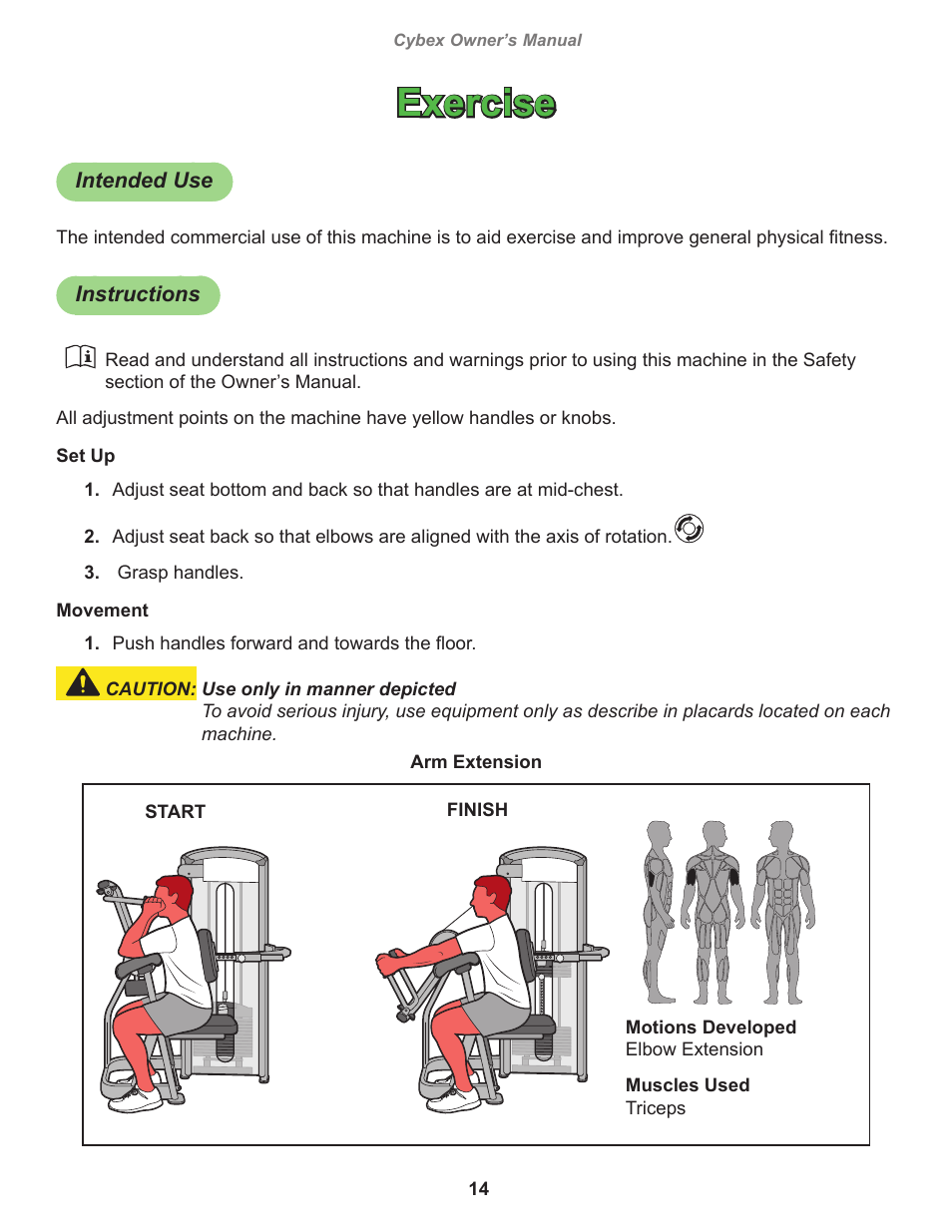 Exercise, Intended use, Instructions | Cybex 12080 VR3 Arm Extension User Manual | Page 14 / 26